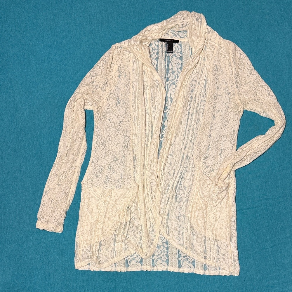 Forever 21 Cream Lace Open-Front lace Cardigan